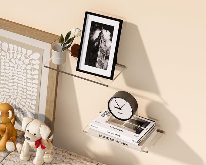 Acrylic Floating Shelves with Solid Wood Base, Wall Mounted Shelf for Plants, Perfume, Nail Polish, Bathroom, Bedroom & Living Room Décor