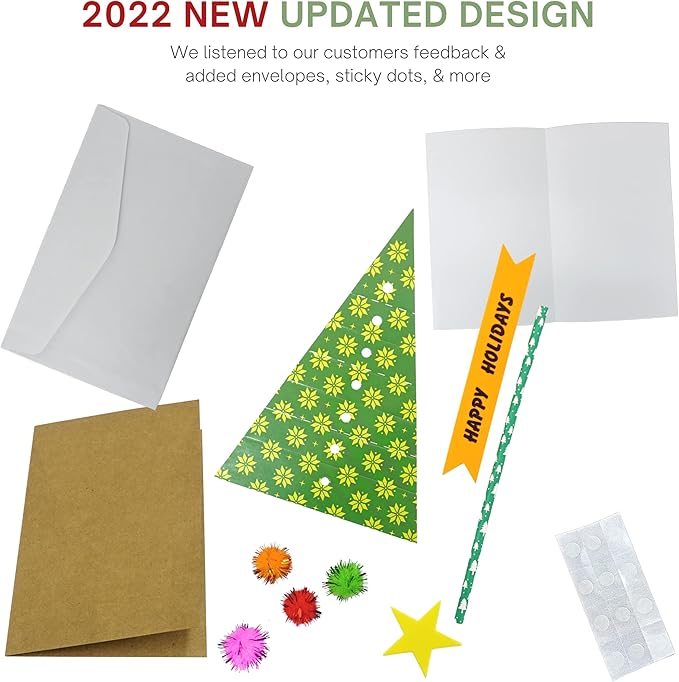 4E's Novelty Christmas Card Making Craft Kit for Kids (12 Pack) DIY Handmade Greeting Card with Envelopes & Supplies for Adults & Kids, Holiday DIY Christmas Party Invitation Card