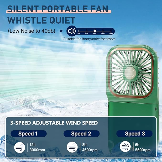 FADACHY Mini Fan,USB Portable Charger Handheld Fan, Small Personal Fan with 3 Speeds Neck Fan 3000mAh Power Bank