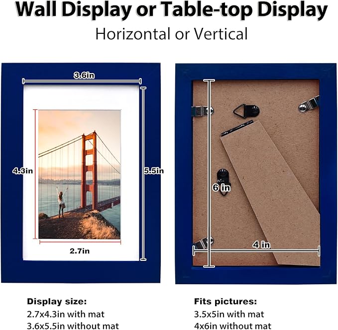 KINLINK 4x6 Frame Navy, Solid Wood 4 x 6 Picture Frame with Acrylic Plexiglass for 3.5x5 with Mat, Tabletop and Wall Display Photo Frames 4x6 Navy Blue, 4 Pack
