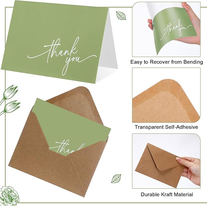 Gueevin 200 Pcs Thank You Cards with Kraft Envelopes and Stickers Bulk, 3.5 x 5 Inch Classy Blank Thank You Notes for Wedding, Business, Graduation, Baby Shower, Bridal Shower, Funeral(Sage Green)