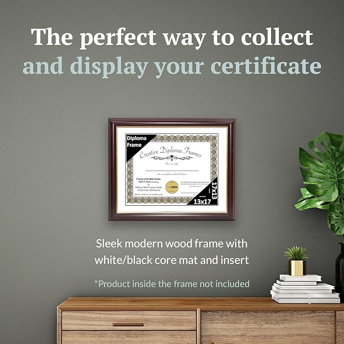 Creative Picture Frames 13x17 Mahogany Gold Rim Diploma Frame with White Mat Glass and Installed Wall Hangers | Frame Holds 16x20 Media without Mat