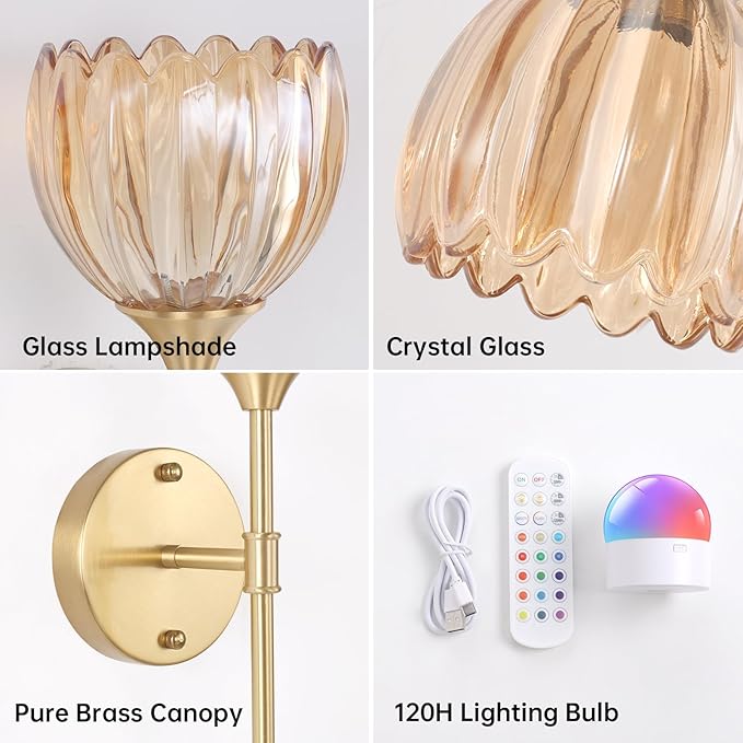 Battery Operated Wall Sconce Set of 2, Amber Tulip Vintage Wall Light Fixture Rechargeable 5000mAh Battery Powered Wall Lamp with Remote for Living Room Bathroom