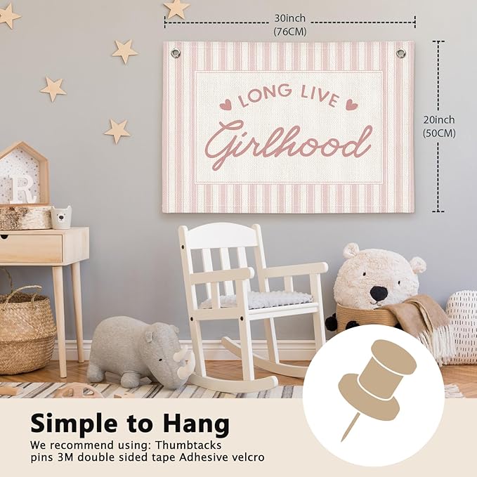 Preppy Long Live Girlhood Pink Striped Girls Room Decor - Linen Banner Wall Hanging Canvas Banner Flag Decor for Girly Nursery Toddler Playroom Bedroom Dorm Apartment