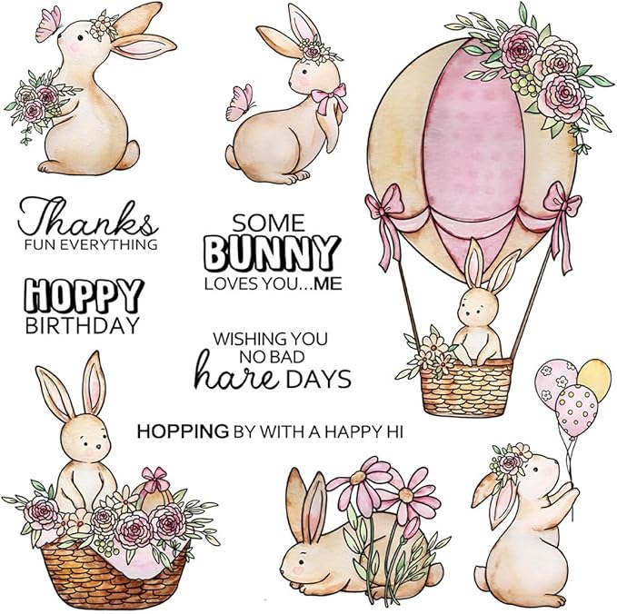 Hot Air Balloon Flower Rabbit Stamps and Cutting Dies for Card Making DIY Transparent Silicone Clear Stamp and Metal Die Cuts Sets for Scrapbooking Paper Greeting Cards Decor Seals Craft Supplies