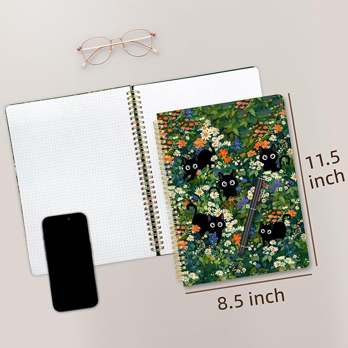 Cute Spiral Notebook journal A4 Aesthetic Pretty Design for Women Girls Kawaii with Pocket, 8.5 x 11 inch, Graph, Cat Garden