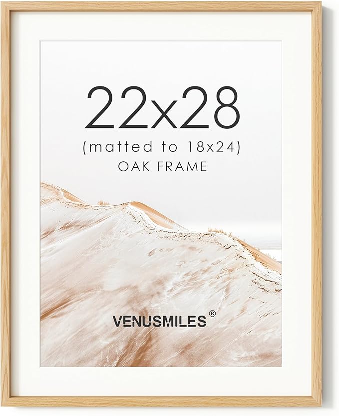 22x28 Poster Frame, USA-Sourced Natural Oak Wood Picture Collage Frame with HD Tempered Glass, Modern Simple 22 x 28 Wooden Photo Frame Matted to 18x24, Vertical & Horizontal Wall Hanging Display