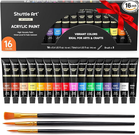 Shuttle Art Acrylic Paint Set, 16 x12ml Tubes Artist Quality Non Toxic Rich Pigments Colors Great for Kids Adults Professional Painting on Canvas Wood Clay Fabric Ceramic Crafts
