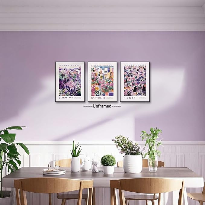 XLARTMY Flower Market Wall Art Prints Canvas Purple and Pink Floral Paintings Colorful Botanical Travel Flower Posters for Home Decor Pictures Set of 3 for Living Room Bedroom 12x16in Unframed