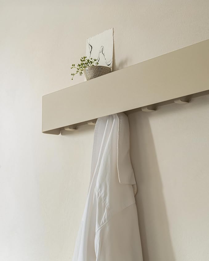 Kazai.®️ Coat Rack Wall Mount with Shelf 'Tone' | Modern Design Coat Hanger with Hidden Hooks and Storage | Hat Rack with Shelf in Metal | Wall-Mounted Purse Organizer | Taupe