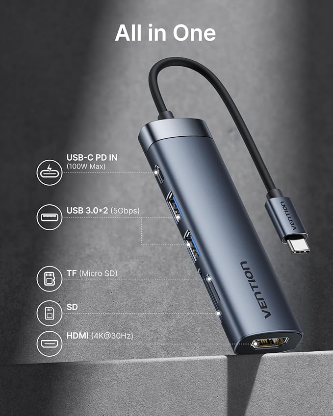 VENTION 6-in-1 USB C Docking Station for Mobile Office, 100W PD Charging Hub for MacBook Pro/Laptop, Portable Adapter with 4K HDMI, USB 3.0 Data Transfer, SD Card Reader & Aluminum Body