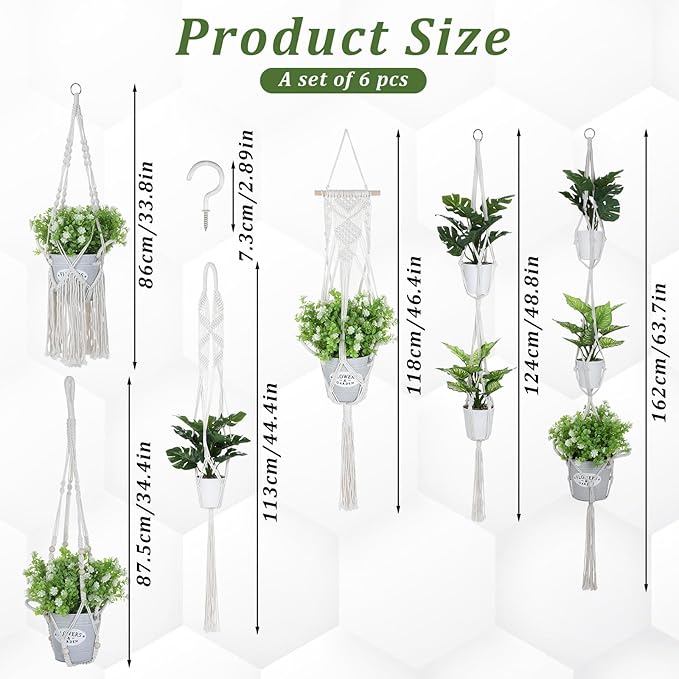 6 Pack Macrame Plant Hangers Indoor, Hanging Plant Holders with 6 Hooks Hanging Planters Set Boho Hangings Planter Basket Wall Plants Hanger for Indoor Outdoor Boho Home Decor