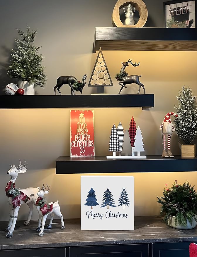 Navy Blue Christmas Tree Wooden Box Sign, Blue Christmas Decor, Rustic Merry Xmas Tree Winter Holiday Wood Signs for Home Office Desk Shelf Tabletop Decor, 5x5 Inch Decorative Signage