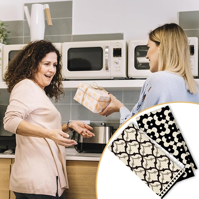 Black Beige Moroccan Kitchen Towels Set of 2, Retro Boho Abstract Dish Tea Towels for Kitchen Decor, Retro Mid Century Modern Hand Towel for Bathroom Decor, 16x24 Inches