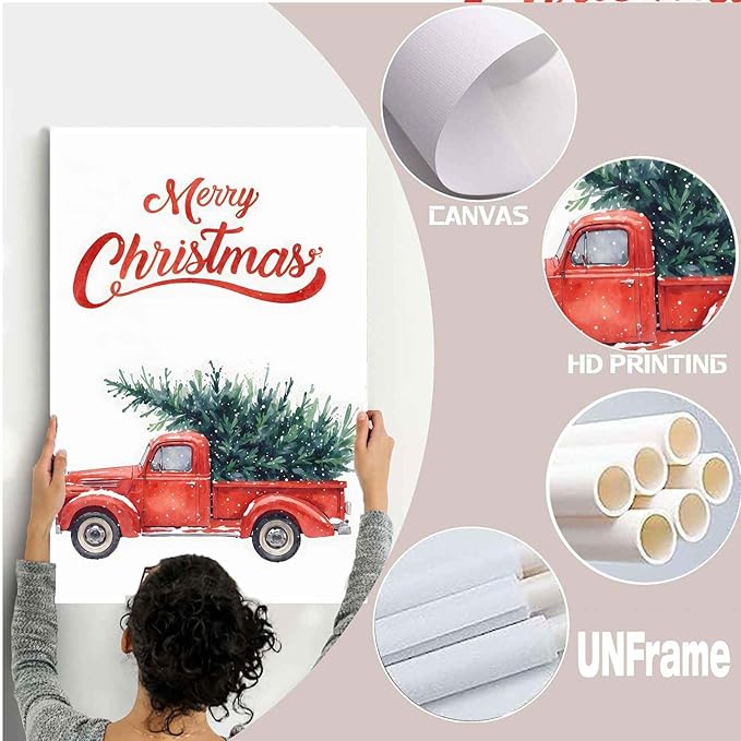 Canvas Wall Art Christmas Truck Print Red Vintage Pickup Truck Christmas Tree Home Decor Holiday Wall Art Watercolor Painting 20x30in-UnFramed