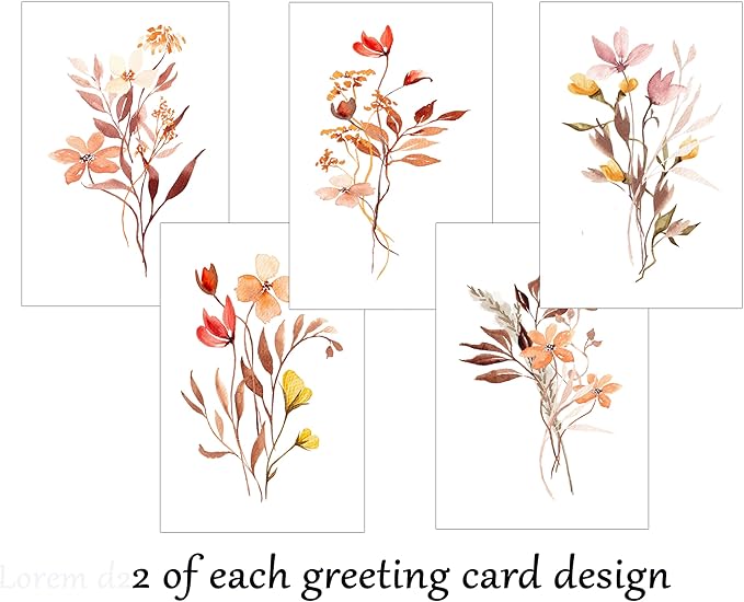 Summer Wildflower Greeting Cards, Set of 10, All Occasion 5 x 7 inch Note Cards with Envelopes, Blank Inside, Colorful Watercolor Floral Bouquet Designs