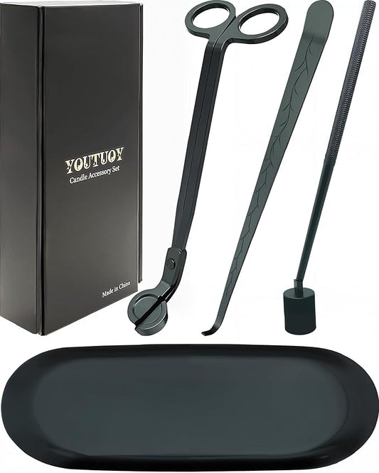 4 in1 Candle Accessory Set with Storage Tray Plate, Candle Wick Trimmer, Candle Wick Snuffer, Candle Wick Dipper, Great for Scented Candles Lovers (Matte Black)