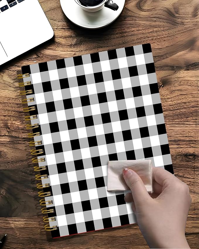 Spiral Journal Notebook,A5 Hardcover Lined Journals for Women 6 x 8.3 in,60 Sheets 120 Pages Thick Paper,Cute College Ruled Writing Notebook for Office Work School(Black White Check Lattice Plaid)