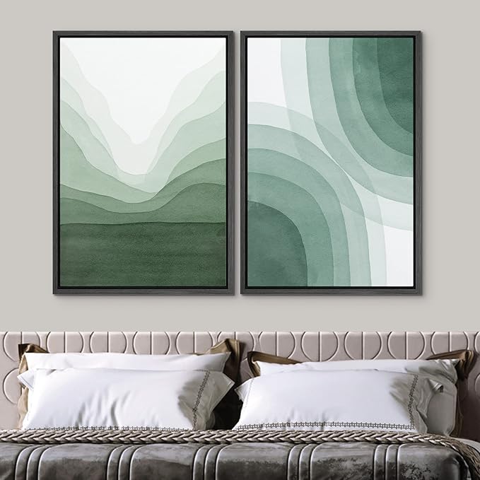 SIGNWIN Framed Canvas Print Wall Art Set Pastel Watercolor Green Wave Illusion Abstract Shapes Illustrations Modern Art Minimal Boho Colorful for Living Room, Bedroom, Office - 16"x24"x2 Black