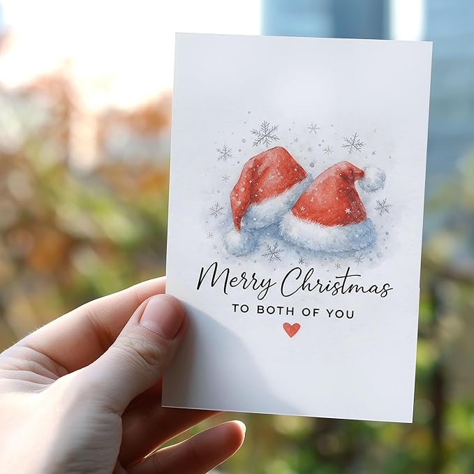 (5.3x8in) Merry Christmas to Both of You Card, Elegant Watercolor Santa Hats Design with Snowflakes Heart, Romantic Greeting Card for Couples, Friends Family, Festive Card with Envelope (Xmas 43)
