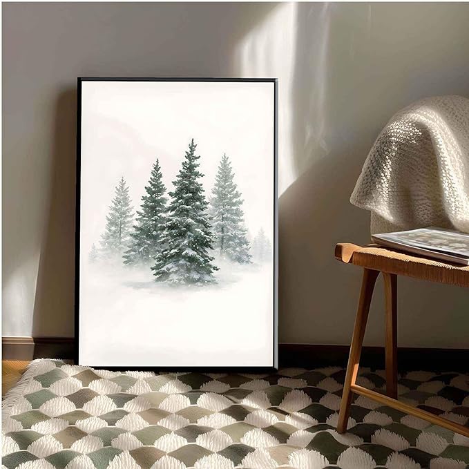 Framed Canvas Wall Art Snowy Evergreen Trees Print Winter Forest Wall Art Christmas Watercolour Painting Winter landscape Snowy Pine tree poster 16x24in Metal blackFramed