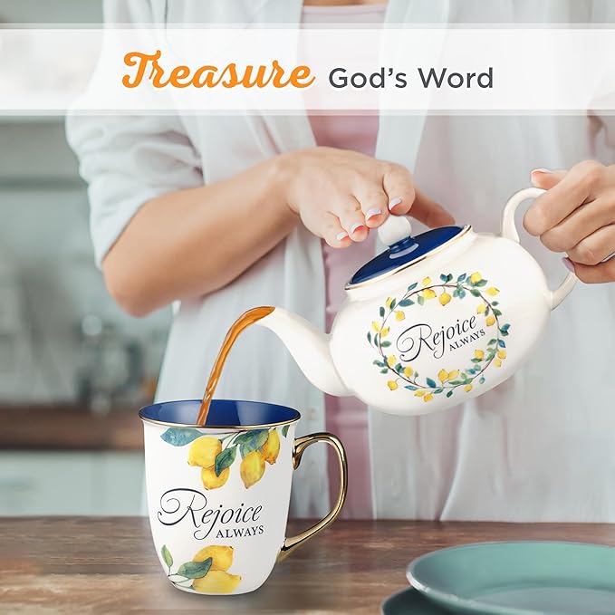 Christian Art Gifts Large Ceramic Cute Inspirational Scripture Teapot for Women: Rejoice Always Bible Verse for Home & Kitchen w/Gold, Easy-pour Lead & Cadmium-free, White/Blue & Yellow Lemons, 34 oz.