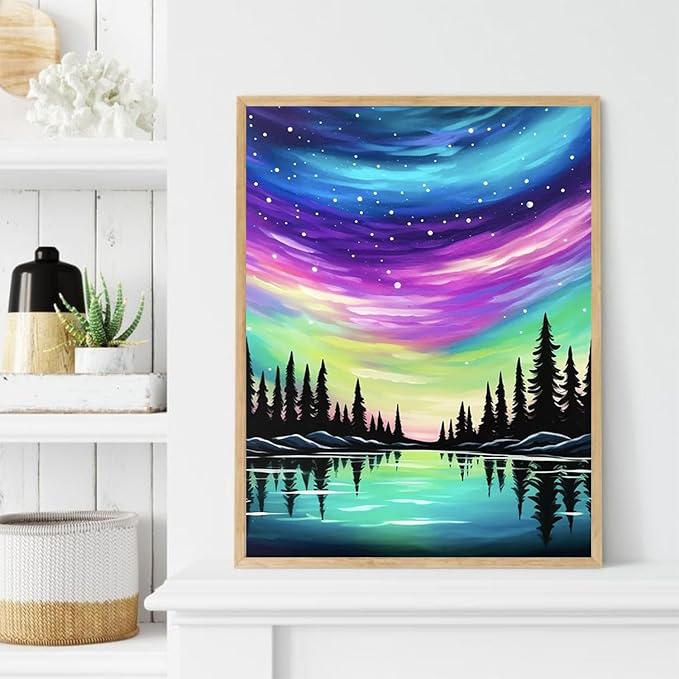 NWQZBYHT Aurora Lake Diamond Art Kits for Adults,Tree Starry Sky 5D Diamond Painting Kits for Beginner,DIY Round Full Drill Diamond Dots Painting Gem Art for Adults Crafts Home Wall Decor 12x16 Inch