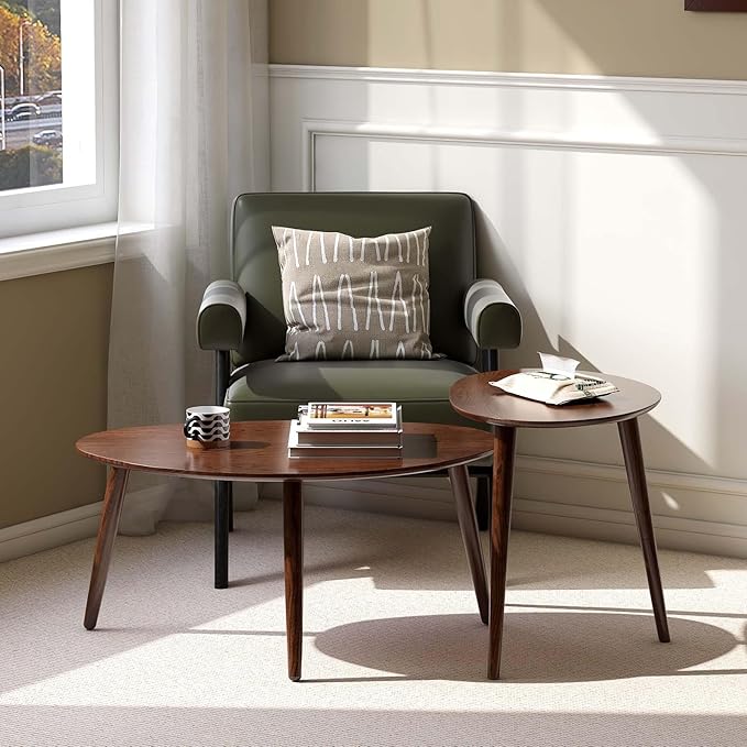 Wayshome Small Oval Coffee Table, 100% Solid Wood Coffee Tables Mid Century Modern Table for Living Room, Side Table End Tables for Home (Walnut Wood Color, 25.59''x17.51''x19.68'')