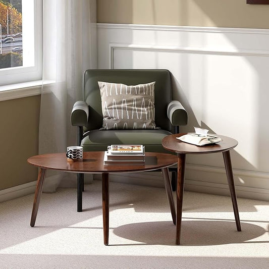 Wayshome 100% Solid Oak Wood Nesting Coffee Table,Mid Century Modern Oval Coffee Tables Set, Round Tables for Living Room, Pebble Side Table for Balcony (Walnut, Combine)