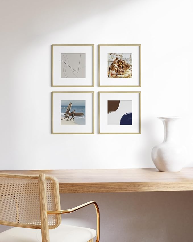 HAUS AND HUES 12x12 Gold Metal Picture Frames Matted to 8x8 - Premium Aluminum with Hanging Hardware, Shatterproof Plexiglass - Ideal for Home or Office (12x12 in, Gold, Set of 4)