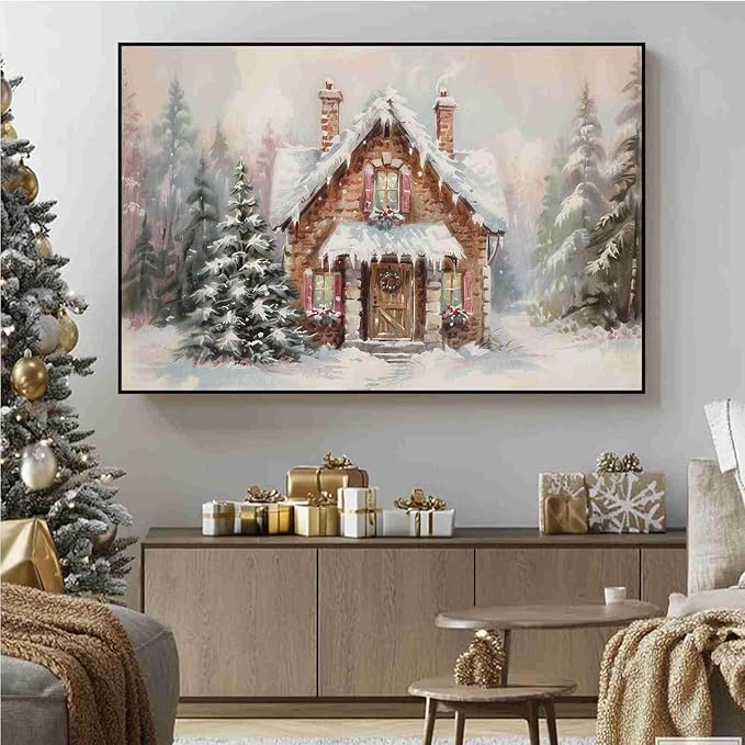 Snowy Cabin Wall Art Christmas Landscape Print Watercolor House Poster Festive Holiday Canvas Print Rustic Winter Scene Wall Decor Indoor Decor for Living Room Bedroom Kitchen Framed Ready to Hang