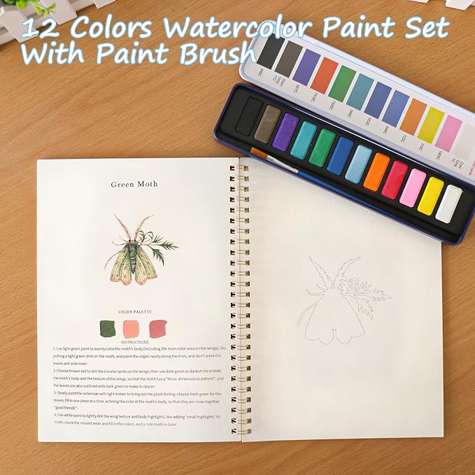 XZGTAND Beginner-Friendly Animals Watercolor Workbooks, 12 Colors Watercolor Paint Set with Paint Brush, Beginner-Friendly Watercolor Painting Kit (Insects)