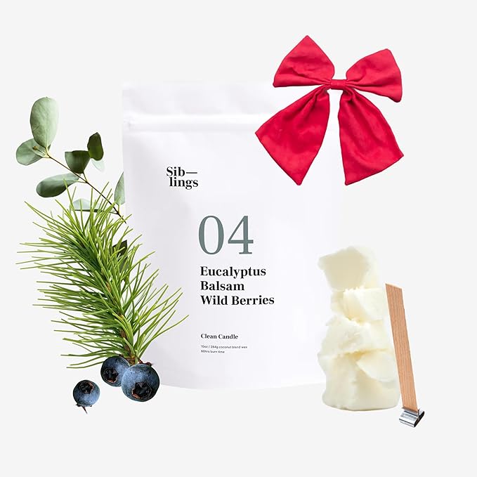 Siblings Candle Making Kit | DIY Coconut-Soy Wax Candle Kit with Wooden Wick | Scent No 04: Eucalyptus, Balsam, Wild Berries | Clean, Non-Toxic, Reusable, 60 Hr Burn