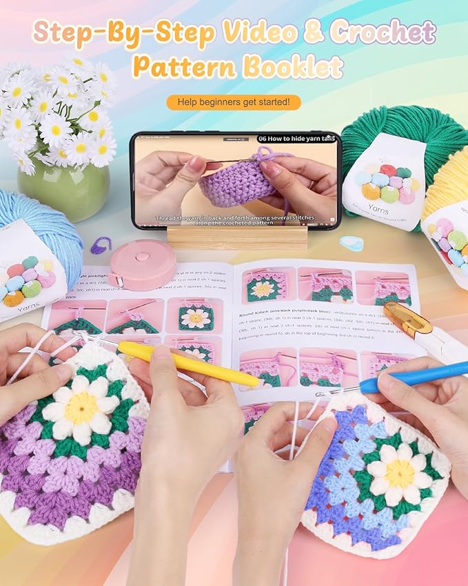 Coopay 3D Blanket Crochet Kit for Beginners, All-in-One Granny Square Blanket Kit with Step-by-Step Video & Enough Yarns - Master 3D Granny Square Crocheting Easily, Ideal Gift for Craft Lovers (Blue)