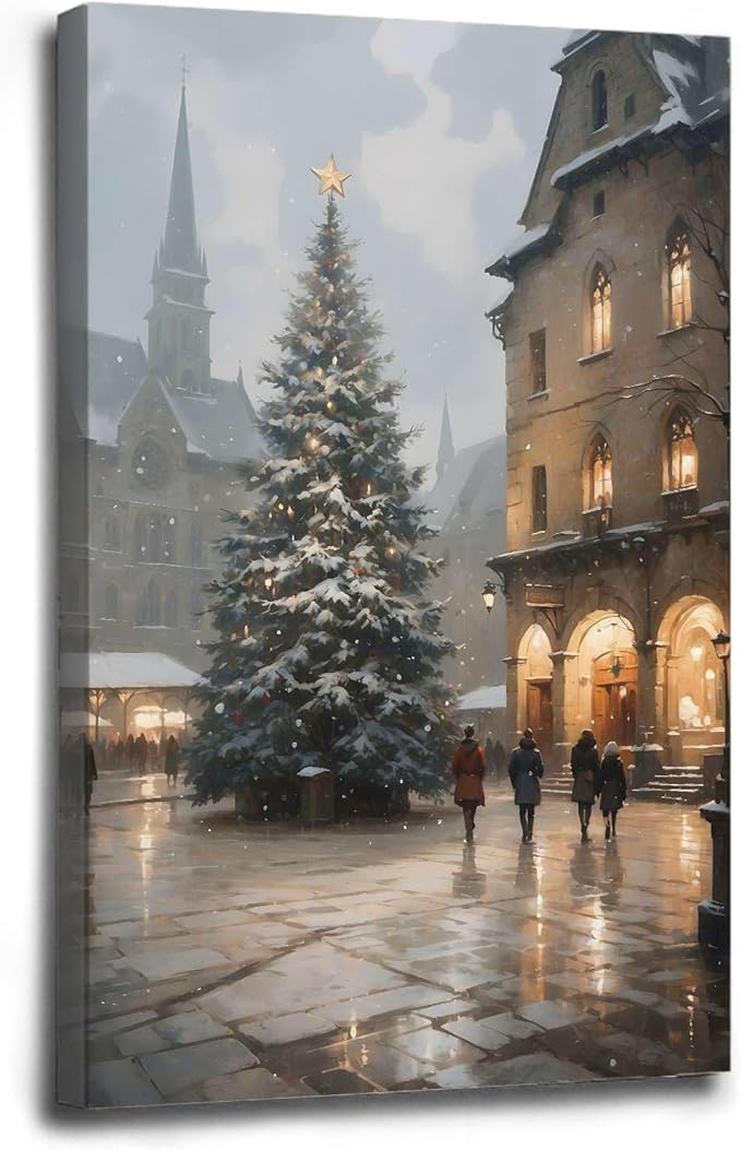 Framed Canvas Wall Art Vintage Christmas Tree Print Moody Winter Wall Art Farmhouse Christmas Decor 8x12in Wood Framed
