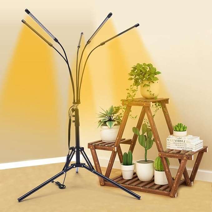5-Head LED Grow Light with Tripod & Clip - 3 Lighting Modes, 4/8/12H Timer, 15.7-63in Adjustable Height, Full Spectrum for Indoor Plants/Greenhouse/Flower Cultivation (US Plug)