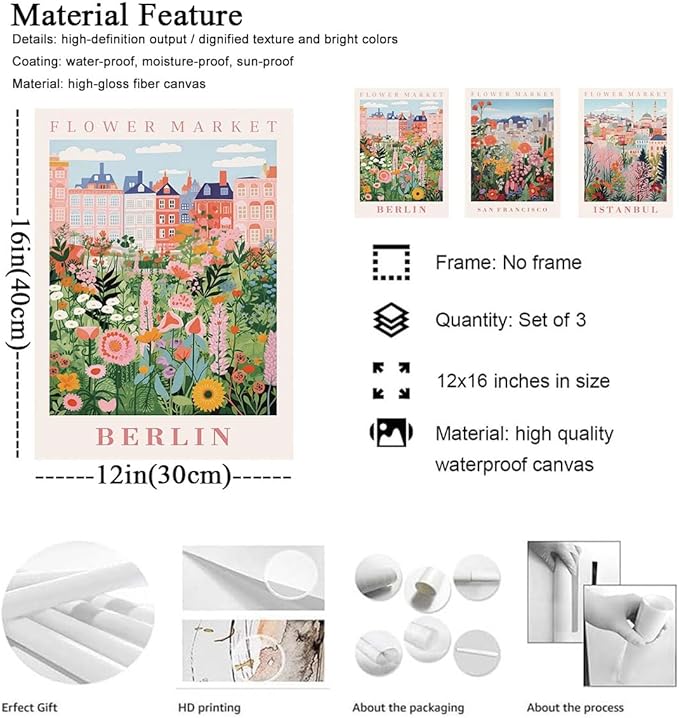 XLARTMY Flower Market Wall Art Prints Canvas Orange and Pink Floral Paintings Colorful Botanical Travel Flower Posters for Home Decor Pictures Set of 3 for Living Room Bedroom 12x16in Unframed