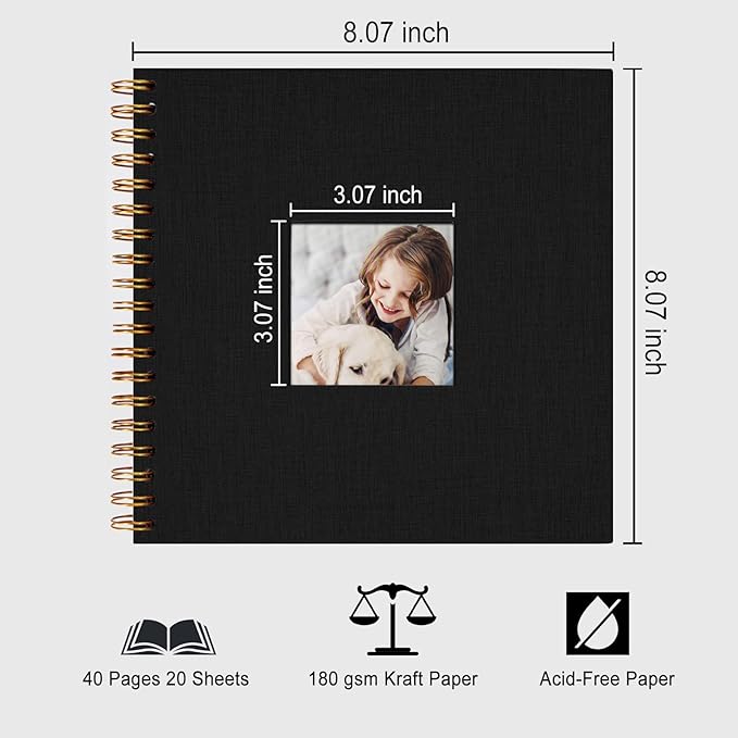 8 x 8 Inch Scrapbook Photo Album, DIY Memory Book Linen Cover for Photos, Hardcover Kraft White Pages Scrap Book Photo Albums for Travel, Wedding Anniversary Family Christmas Baby 40 Pages, Black
