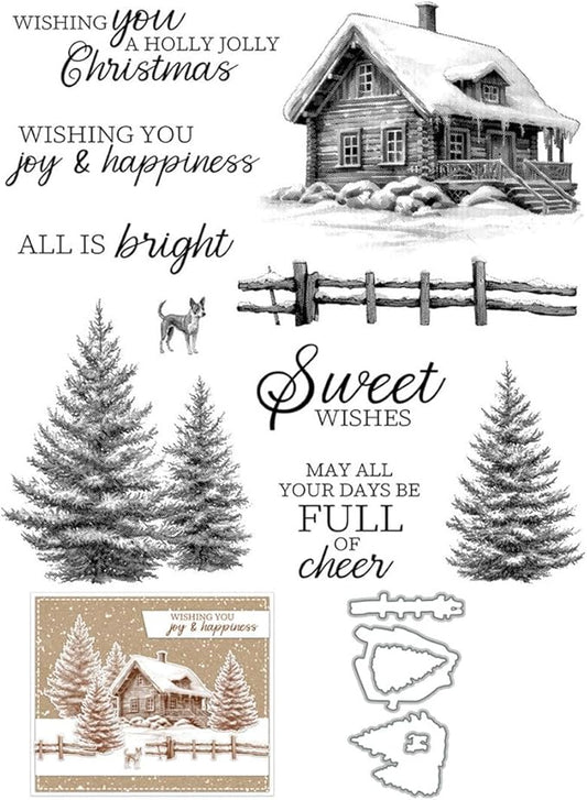 Christmas Snow House Pine Tree Stamps and Cutting Dies for Card Making DIY Transparent Silicone Clear Stamp and Metal Die Cuts Sets for Scrapbooking Paper Greeting Cards Decor Seals Craft Supplies