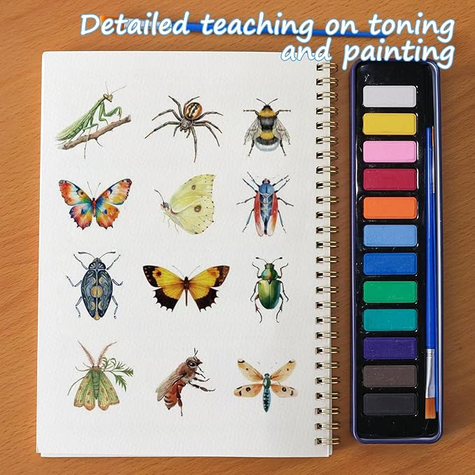XZGTAND Beginner-Friendly Animals Watercolor Workbooks, 12 Colors Watercolor Paint Set with Paint Brush, Beginner-Friendly Watercolor Painting Kit (Insects)