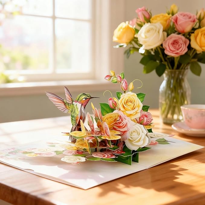Greeting Card Green Hummingbird with Roses 3D Pop-Up Cards Handmade Birthday Flower Gift for Women, Mom, Wife, Men 6x8 Inches Aniversary Wedding Christmas Gifts Floral Thank you Envelope