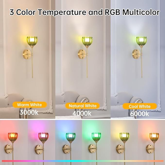 Battery Operated Wall Sconce Set of 2, Green Tulip Vintage Wall Light Fixture Rechargeable 5000mAh Battery Powered Wall Lamp with Remote for Living Room Bathroom