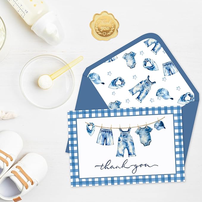 Whaline 24 Pack Blue Jean Baby Shower Thank You Cards Greeting Cards Blank Note Card with Envelopes Stickers for Birthday Gender Reveal, 4 x 6 Inch