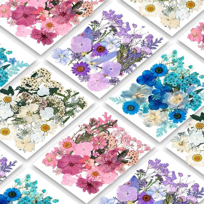 Cold Tone Dried Pressed Flowers for Resin, Real Pressed Flowers Dry Leaves Bulk Natural Herbs Kit for Scrapbooking DIY Art Crafts, Epoxy Jewelry, Candle, Soap Making, Nails Decor