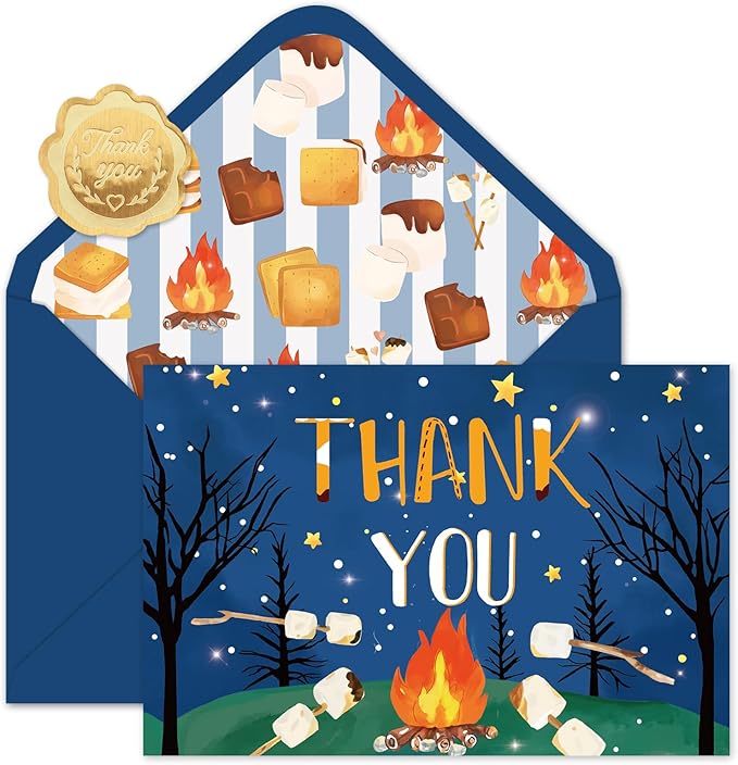 Whaline 24 Pack S'more Camping Theme Thank You Cards Greeting Cards with Envelopes Stickers Marshmallow Campfire Blank Note Card for Birthday Baby Shower Camper