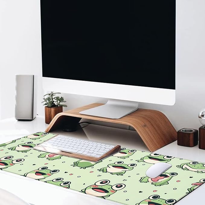Cute Cartoon Frog Large Gaming Desk Mat,Rubber Non-Slip Adorable Fun Green Mouse Pad,31.5x11.8x0.12in Extended Animal Mousepad,Game Lover Mice Pads Gifts,Office Home Deskmat Decor