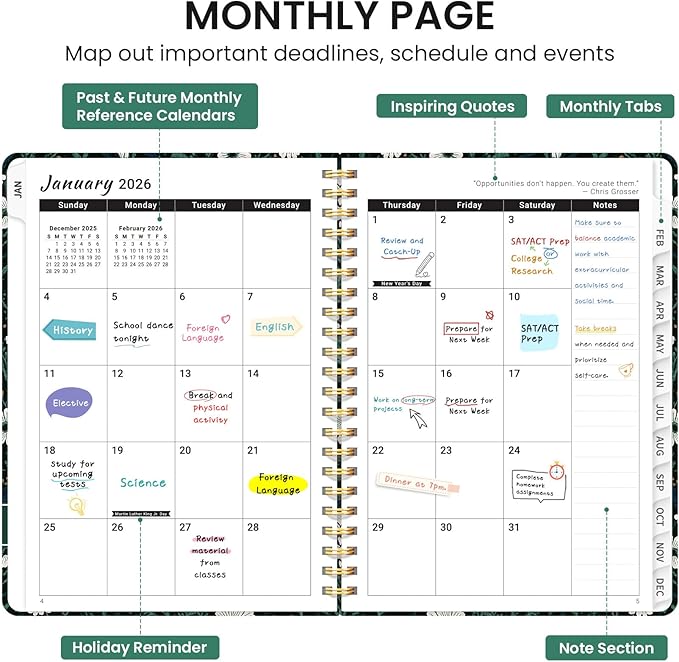 2026 Planner, Weekly and Monthly Calendar Planner for Women, Jan 2026 - Dec 2026, Hardcover Planning Agenda book with Tabs, Spiral Bound, Inner Pocket, Perfect for School Office Supplies, 6.3" x 8.5" - Light Floral