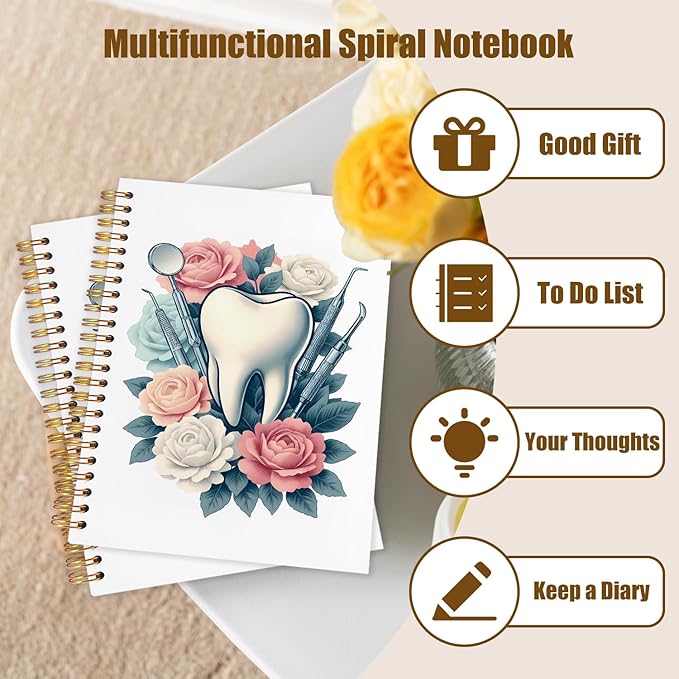 WUCHJ Dentist Gifts Notebook, Dental Hygienist Assistant Gifts Journal, Floral Tooth Spiral Notebook Journal for Note Taking, Dentist Office Supplies, 5.5x8.3 Inch