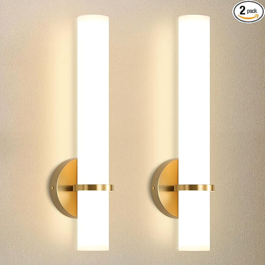 16W LED Dimming Wall Sconces 2 Packs, 3000K Warm Lights Dimmable, White Lampshade Bathroom Vanity Lighting Wall Light Fixtures for Bedroom Dining Living Hallway, Antique Gold
