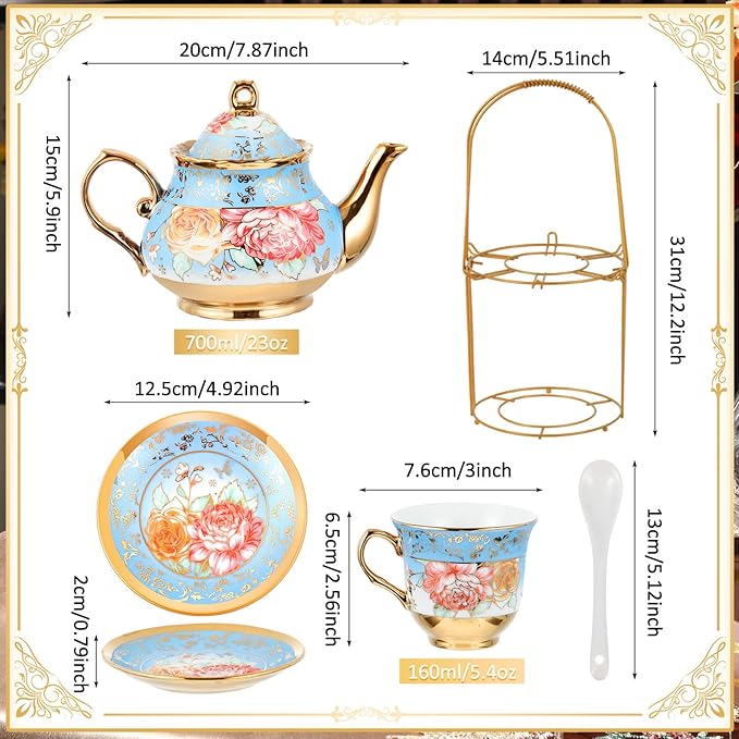 Zhehao 20 Pcs Porcelain Tea Set with Metal Holder and Spoon Adult Ceramic Tea Set European Flower Painting Teapot Cup Saucer Spoon for Women, Large Version(Simplicity Style)